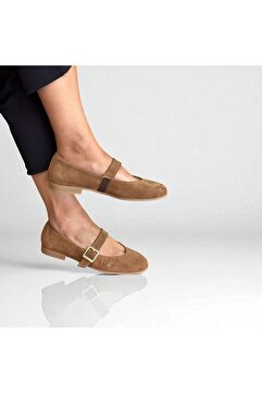 NE&VE SHOES Camet Süet Hakiki Deri Yuvarlak Burunlu Tokalı Kadın Babet