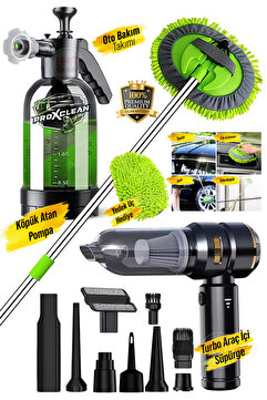 PROXCLEAN Premium Turbo Vakumlu Kablosuz Mini Araç Süpürgesi | Köpük Atan Pompa | Teleskopik Mikrofiber Takım