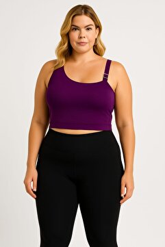 enmodaiçgiyim Mor Büyük Beden Tek Omuz Ribana Mikro Kumaş Astarlı Spor Crop & Bikini Üst - Su Geçirmez