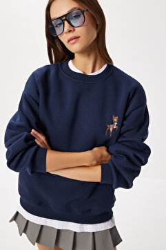 Lovelyİstanbul Nakış İşlemeli Oversize Şardonlu Örme Sweatshirt LZV0036 LACİVERT
