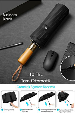 fitfiyat Tam Otomatik Ahşap Sap 10 Telli Düğmeden Aç Kapa Rüzgarda Kırılmayan Şemsiye