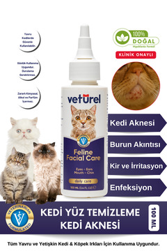 Veturel Kedi Yüz Temizleme Solüsyonu Kedi Aknesi Gözyaşı Lekesi Göz Damlası Akıntı Kaşıntı Bakımı 100ml