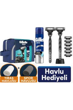 Gillette Mach3 Charcoal 2 Makine+ 8 Tıraş Bıçağı + Stand +200 ML Jel +Çanta +Havlu Seti Hediye