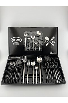 ARVEY Round Yeni Nesil 30 Parça 6 Kişilik Çatal Kaşık Takımı Paslanmaz Çelik (Kutulu)