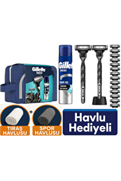 Gillette Mach3 Charcoal 2 Makine+ 16 Tıraş Bıçağı + Stand +200 ML Jel +Çanta+Havlu Seti Hediye