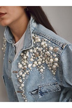 RENGARENG Kadın Tasarım Denim Ceket İnci Ve Taş Detaylı Oversize Kot Ceket
