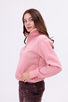 steeprockt Kadın Relax Fit Rahat Kesim Pamuklu İçi Polarlı Yarım Fermuarlı Pembe Dik Yaka Sweatshirt