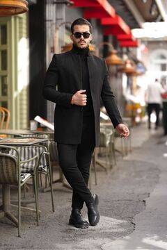 Ser Joven Erkek Siyah Slim Fit Dik Yaka Kaşe Kaban