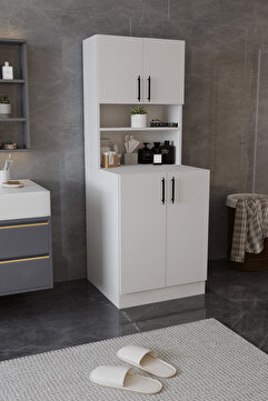dekor fim DF03101B Çamaşır Makinesi Dolabı Üstü Çok Amaçlı 4 Kapaklı 4 Raflı Banyo Dolabı Depolama Alanı Beyaz
