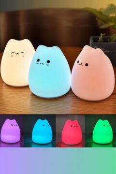 ALFAGİFT Kedi Şekilli Dokunmatik RGB Gece Lambası- Silikon Şarjlı LED Işık Çocuk Odası Uyku Lambası