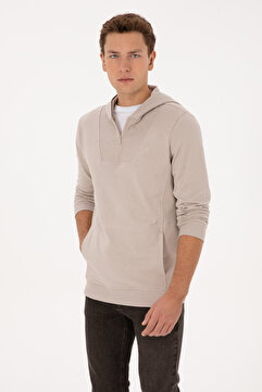 U.S. Polo Assn. Erkek Regular Fit Yarım Fermuarlı Kapüşonlu Taş Sweatshirt 50316391-VR049