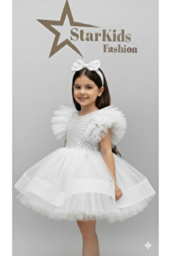 Star Kids Kız Çoçuk Beyaz Payetli Tütü Elbise,Kız Çocuk Parti Elbisesi