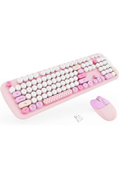 Geezer Kablosuz Klavye ve Mouse Set Renkli Sevimli 100 Tuşlu Pc Notebook Laptop Uyumlu Klavye ve Fare Ev Ofis Kullanımına Uygun Türkçe Q Klavye