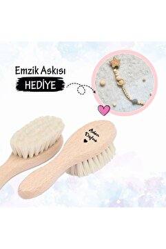 encii İsme Özel Doğal Bebek Keçi Kılı Tarak Emzik Askısı Hediyeli