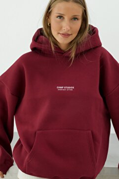 The Champ Clothing Kadın Oversize Sweatshirt Hoodie CHMP STUDIOS Bordo – Kapüşonlu, 3 İplik , Kanguru Cepli