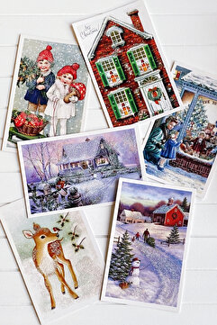 Bimotif 6lı Simli Kartpostal Seti, Yılbaşı, Kırmızı Ev
