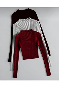 Paraf style Kadın Triko 3lü Uzun Kollu Crop Kazak Şık ve Rahat Tasarım