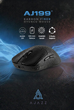 Ajazz Aj199 Karbon Fiber 3 Modlu Ultra Hafif 24.000 DPI, Oyuncu Mouse PAW3311 Sensör-500 Mah Batarya