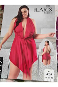 Miss Laris Lingerie Miss Laris 4033 Kırmızı Saten Bağlamalı Büyük Beden Gecelik