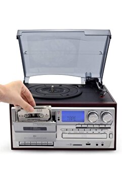 Genel Markalar KN-110 Kahverengi Bluetooth Kumandalı Cdli Kaset USB Radyo 33-45-78 Plaklar Çalar Pikap