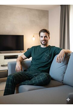 Sude HOMEWEAR Erkek Ekoseli Cepli Kısa Kollu Pijama Takımı