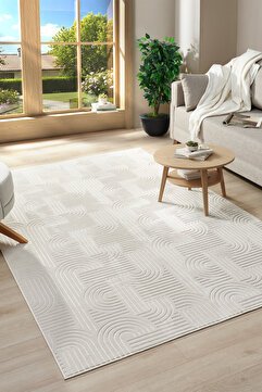 Raschel Carpet Bohem Emboss Premium Seri Kaymaz Taban Jel Taban Halı Yolluk Krem