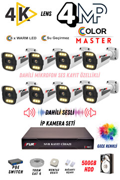 FURY 8 Kameralı Sesli 4k Lens 4MP Ultra HD Ip Güvenlik Kamerası Seti Gece Renkli Su Geçirmez 1506 50