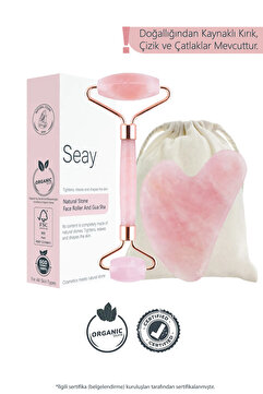 Seay Pembe Kuvars Roller Ve Pembe Kalp Gua Sha Yüz Masaj Aleti Seti Keseli Değerli Doğal Taş Sertifikalı