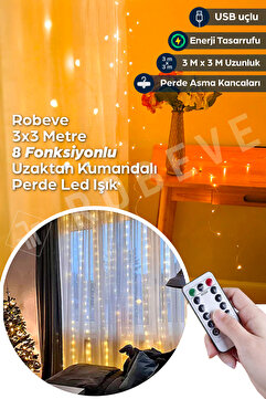 ROBEVE 3x3 Metre USB Peri Led Kumandalı Perde Asma Kancalı Peri Led Yılbaşı Led Gün Işığı Led Işık 8 Modlu