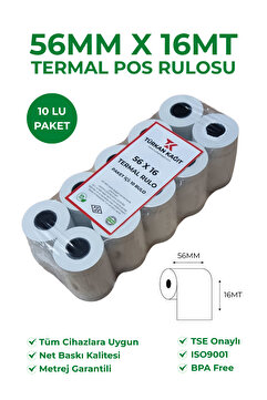 RULORULO 56x16 Termal Rulo 1 Paket 10 Adet Yazarkasa Pos Rulosu BPA Free TSE Belgeli Bitiş Çizgili