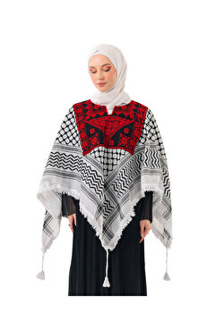 Zaytoon Şal Filistin Geleneksel Nakışlı Kefiye Desenli Püsküllü Kadın Şal 140x140 cm