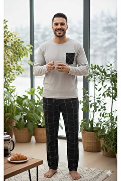 Sude HOMEWEAR Erkek Ekoseli Cepli Uzun Kollu Pijama Takımı