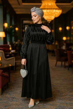Neva Style Boncuk Detaylı Siyah Tesettür Saten Elbise 65880S