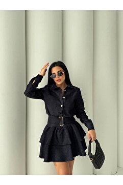 Bak'ap Premium Denim Fırfırlı Kat Kat Mini Kemerli Gömlek Elbise