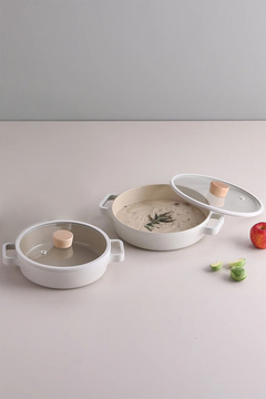 NEOFLAM Fika Cam Kapaklı Seramik Kaplama Sahan Set 2'li 20/22 CM - Bej