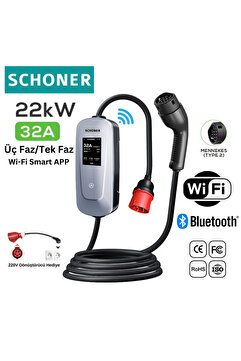 SCHONER 22kW Taşınabilir Elektrikli Araç Şarj İstasyonu 32A Trifaze/Monofaze (220V Dönüştürücü Hediyeli)