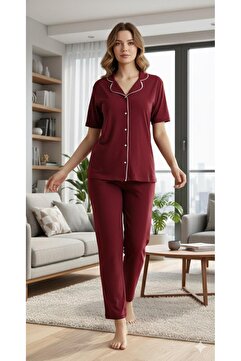 Sude HOMEWEAR Kadın Bordo Renk Biyeli Kısa Kol Gömlek Pijama Takımı
