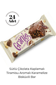 GRANIO Sütlü Çikolata Kaplamalı Tiramisu Aromalı Karamelize Bisküvili Tahıl Bar 40 grX24 Adet ( İkram.İaşə)