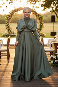 Neva Style Boncuk İşlemeli Haki Tesettür Abiye Elbise 22451HK