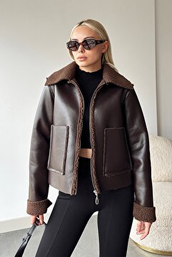VAGGON Acı Kahve Çift Cepli İçi Suni Kürklü Suni Deri Biker Ceket PRM0408