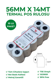 RULORULO 56x14 Termal Rulo Yazarkasa Pos Rulosu 1 Paket 10 Adet BPA Free
