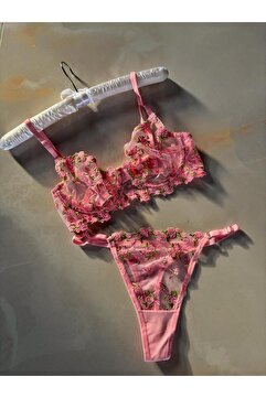 unbranded Pembe Çiçekli Dantelli Tül Sütyen Takımı
