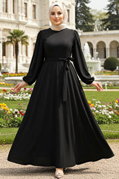 Neva Style Kemerli Siyah Tesettür Elbise 23101S