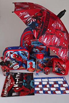 Spiderman DEKOMUS İLE YENİ SEZON LİSANSLI KILIFLI ŞEMSİYE İLE OKUL,BESLENME VE KALEM ÇANTASI,MATARA,