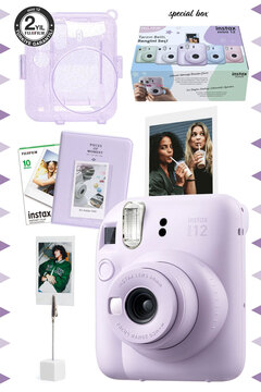 Fujifilm Instax mini 12 Lila Fotoğraf Makinesi-10'lu Film-Kıskaçlı Stand-PVC Albüm ve Simli Pleksi Kılıf Seti