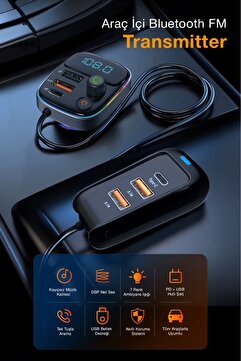 Kensa PD 30W Hızlı Şarj & RGB LED Işıklı Araç FM Transmitter | 6 Multi-Port | 5V 3.1A USB | 1M Kablolu
