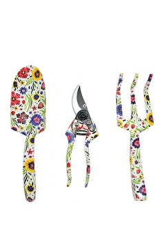 netasera 3lü Canlı Çiçek Desenli Bahçe Aletleri Seti, Floral Çiçekli Kürek, Budama Makası, El Tırmığı