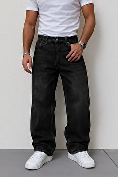 BM BALANCEMODA Siyah Taşlamalı Baggy Fit Likrasız Rahat Kesim Jean Pantolon