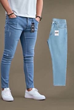 Gussi Erkek Buz Mavi Tırnaklı Slim Fit Likralı Esnek Jeans Kot Pantolon