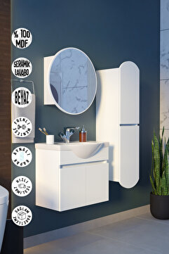 makbulce Erciyes Havlu Dolaplı 65cm Seramik Lavabolu MDF Oval Aynalı Banyo Dolabı